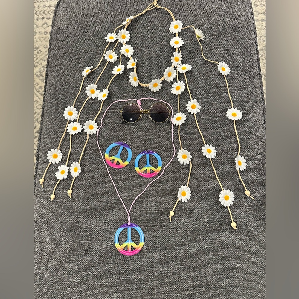 Rainbow Peace Sign Necklace and Earrings Set with flower crown 70s style glasses